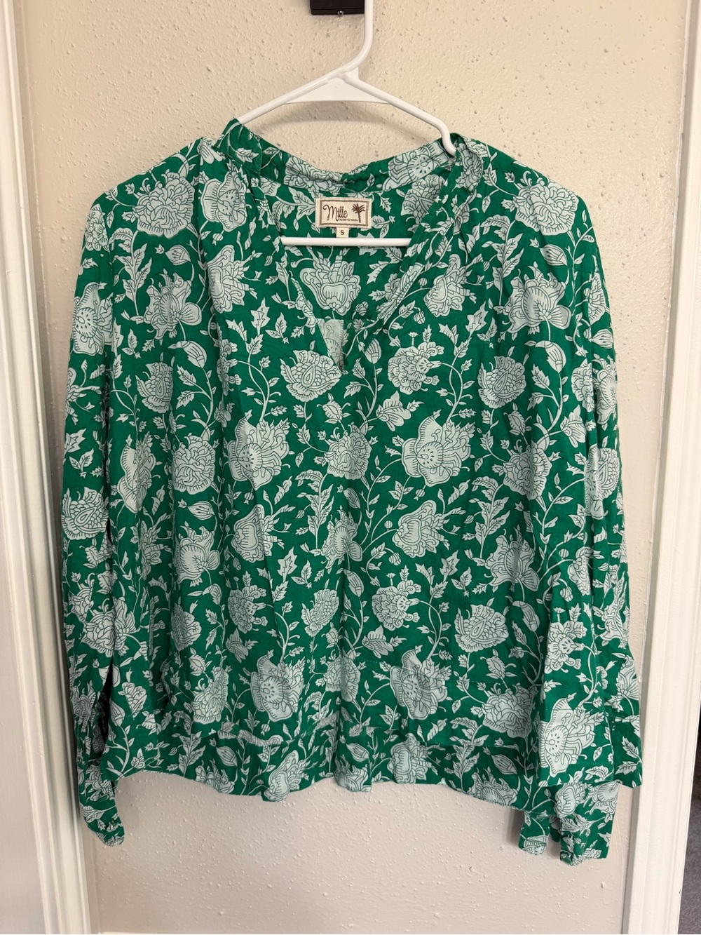 Anthropologie Emerald Green Floral V-Neck Blouse